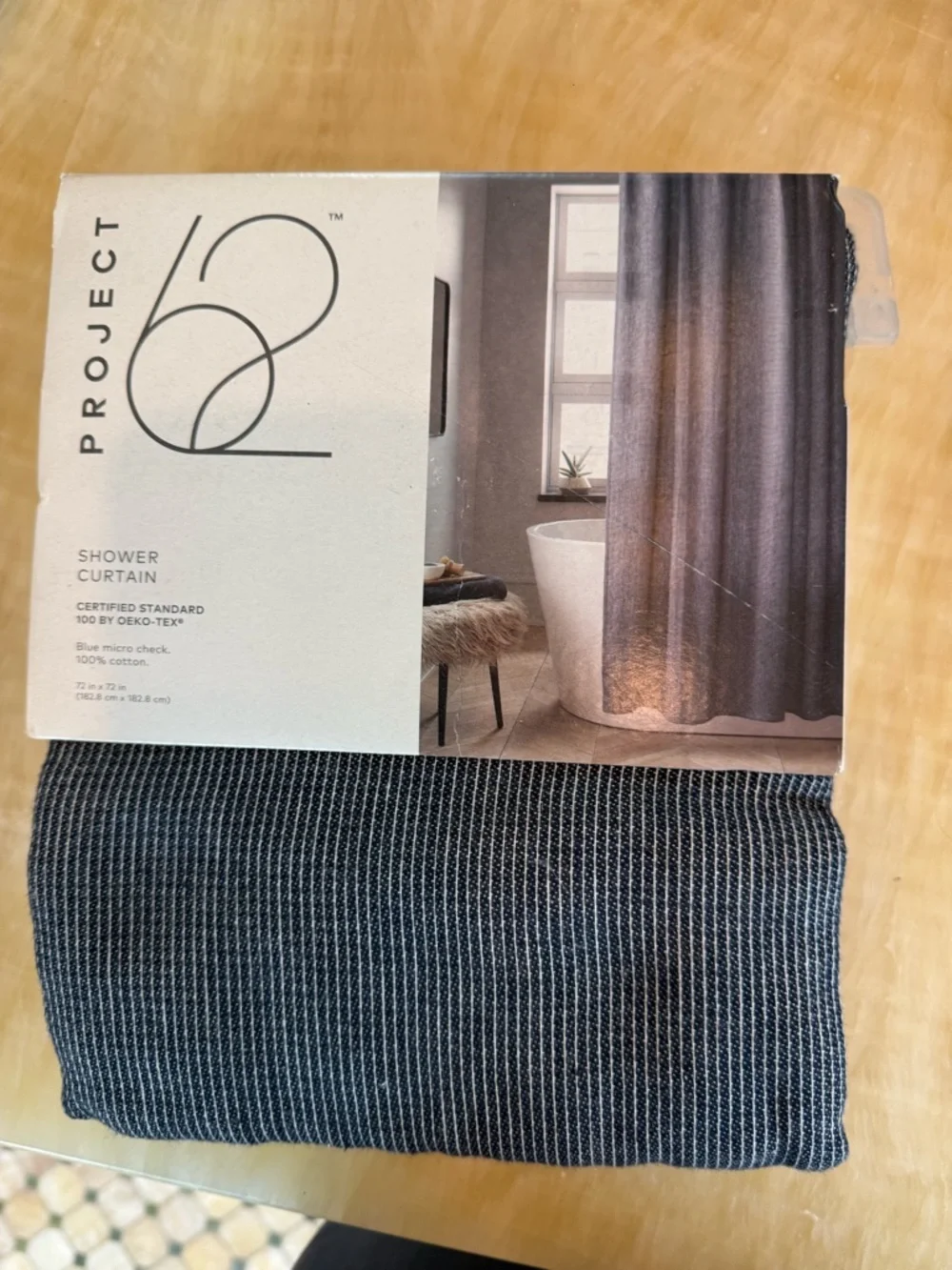Project 62 Blue Micro Check 100% Cotton Shower Curtain 72x72 - NWT